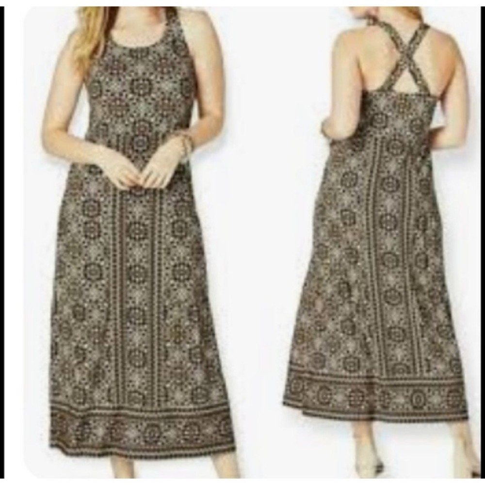 J. Jill Brown Knit Floral Cross Back‎ Maxi Dress Kona ST Women's Size M
